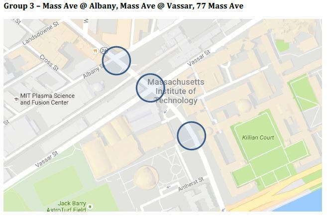 A map of key intersections along Massachusetts Avenue in Cambridge, MA.