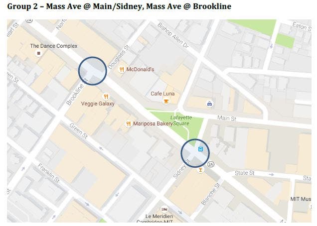 A map of Central Square in Cambridge, Massachusetts, with key intersections highlighted.