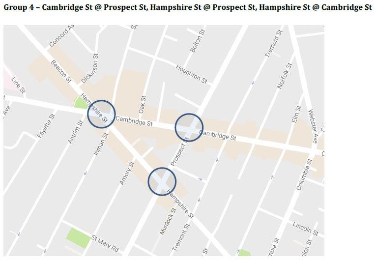A map of Inman Square in Cambridge, Massachusetts, with key intersections highlighted.
