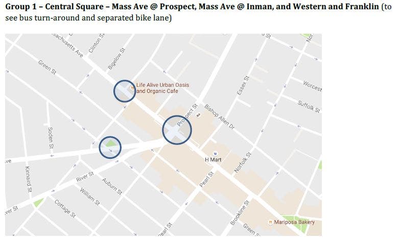 A map of Central Square in Cambridge, Massachusetts, with key intersection highlighted.
