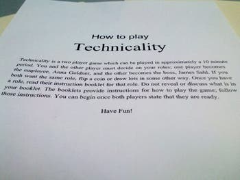Rules sheet for the game Technicality.