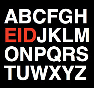 Assortment of English alphabets in white with "E," "I," and "D" three letters highlighted in red in black background.