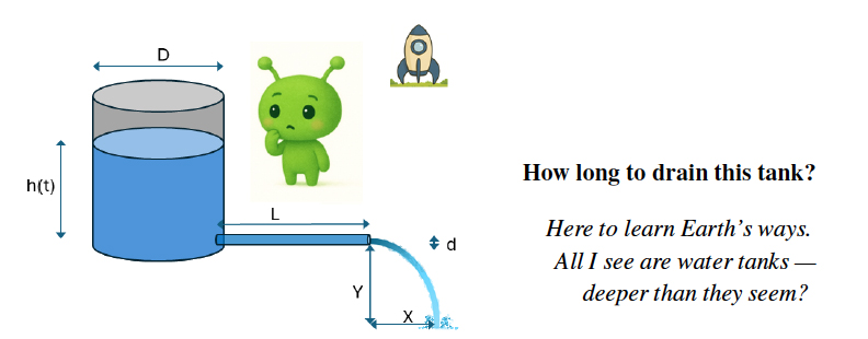 An planetary explorer standing next to a water tank with a cartoon rocket behind.